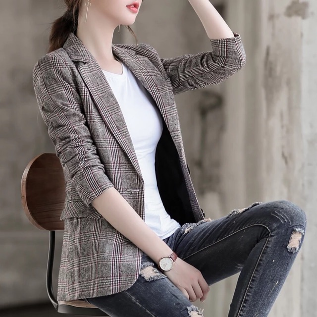 Women fashion blazer checkered | Shopee Philippines