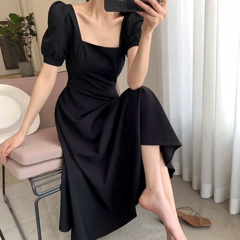 5108✨ 【COD \u0026 Ready Stock】 Korean hepburn chiffon casual dress for women  2021 plain sale square collar fashion summer loose plus size short sleeve A  line dress | Shopee Philippines