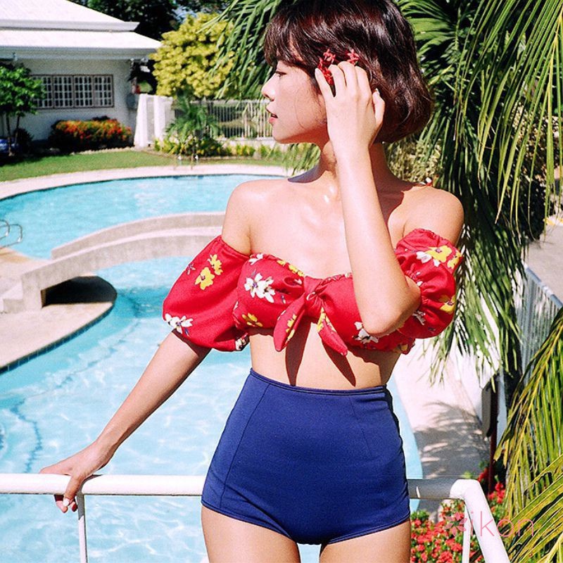 red off the shoulder swimsuit