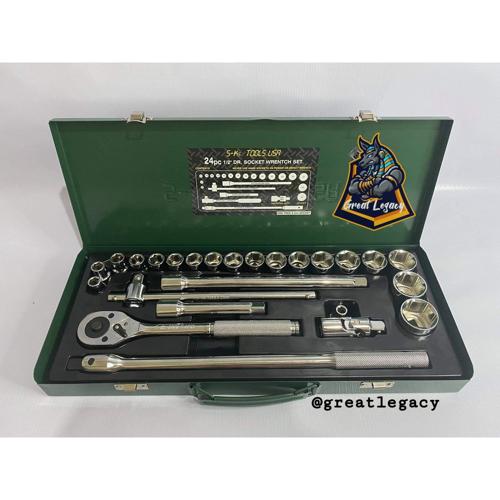 24PC BLACK SOCKETS RATCHET WRENCH SET 1/2 INCH DRIVE METRIC METAL CARRY CASE BOX 