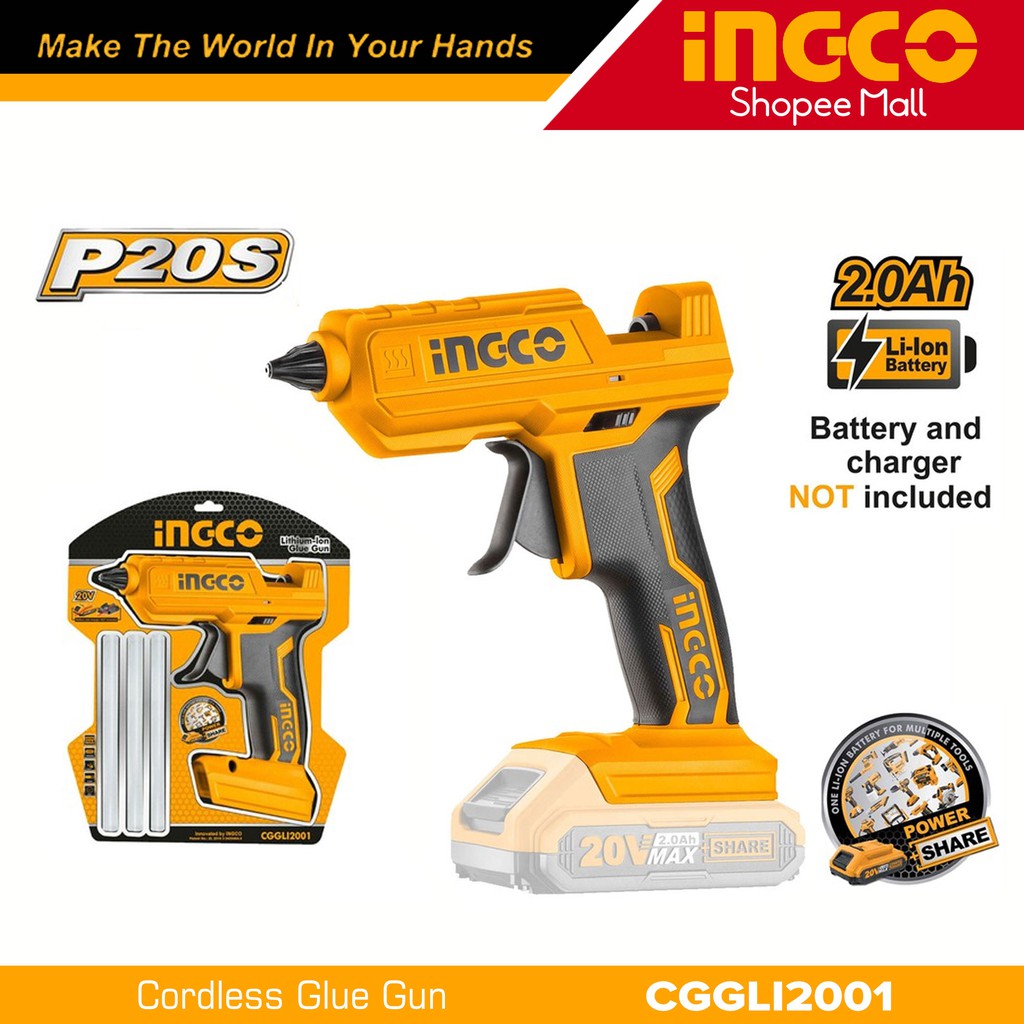 Ingco CGGLI2001 20V LithiumIon Cordless Glue Gun 100W P20S POWERSHARE