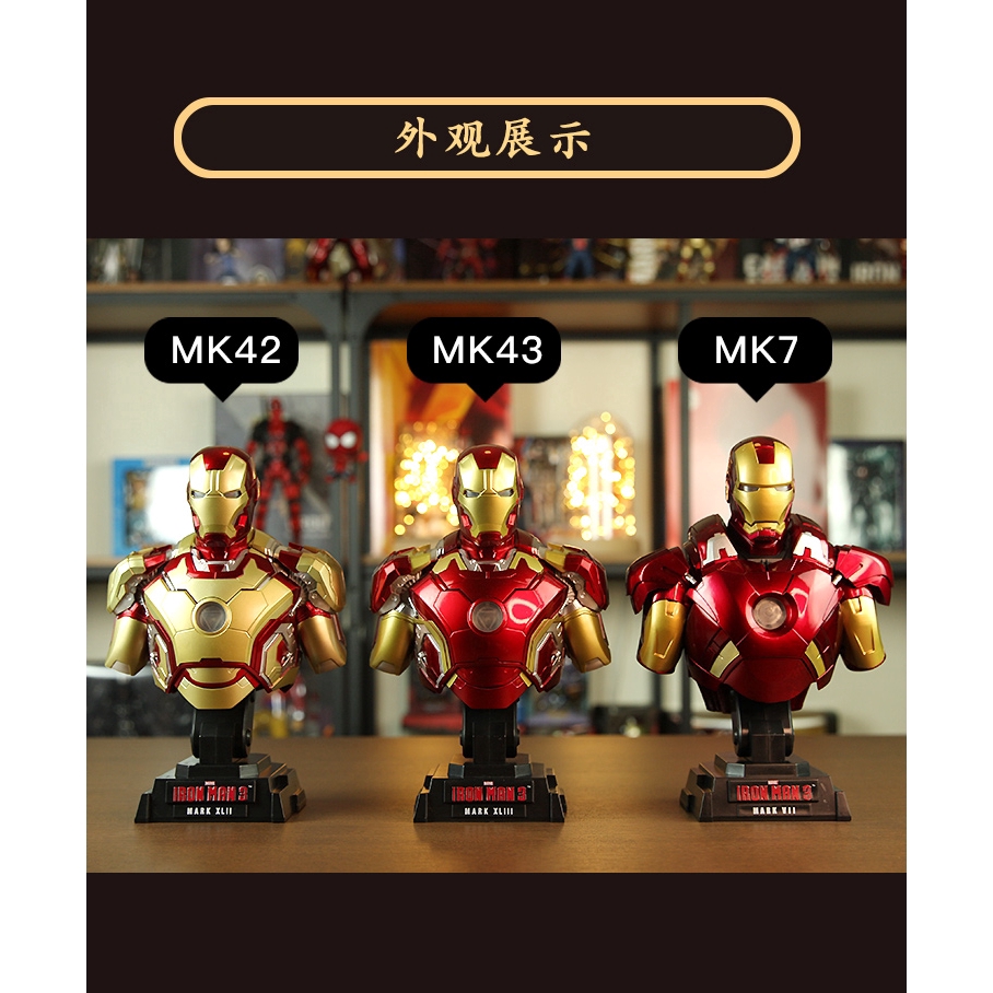 1/4 Scale 9" The Avengers Iron Man MK43 MK42 Bust Statue Light Up Action Figure 