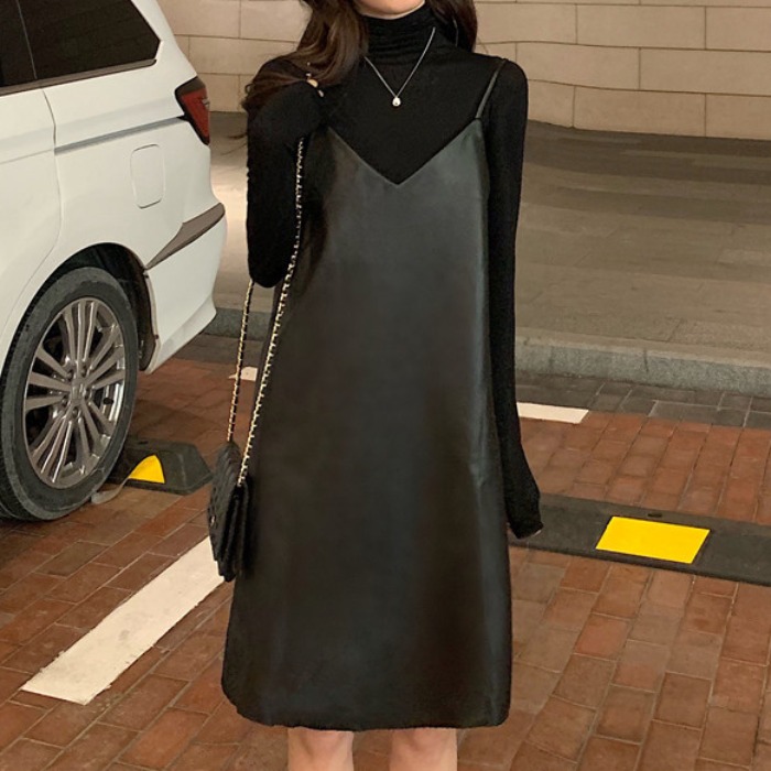One Piece Dress Quality Fabric Casual Korean Version French Retro Little Black Dress Temperament Was Thin Pu Leather Short Skirt Suspenders Girl Dress Female Formal Shopee Philippines