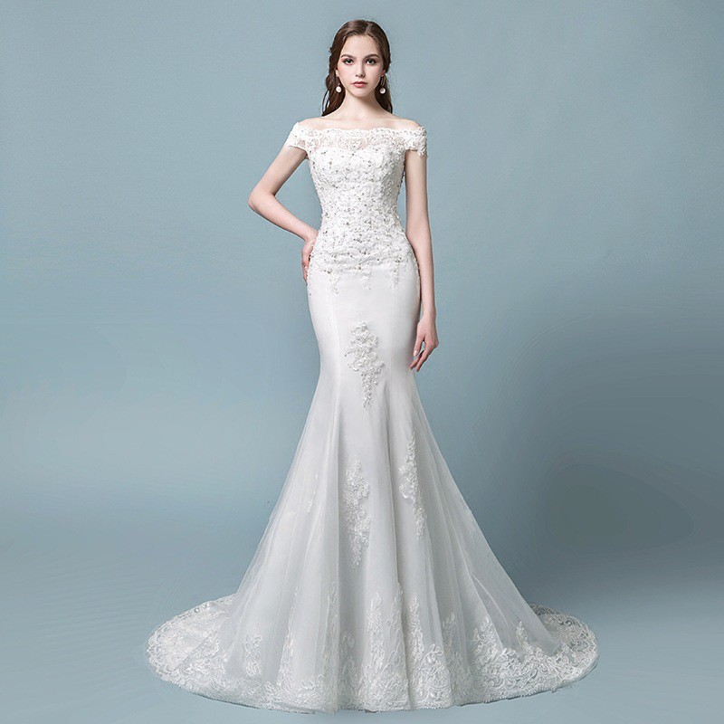 Elegant White Bridal Sabrina Lace Embroidery Mermaid Long Tail Wedding Gown Dress Shopee Philippines