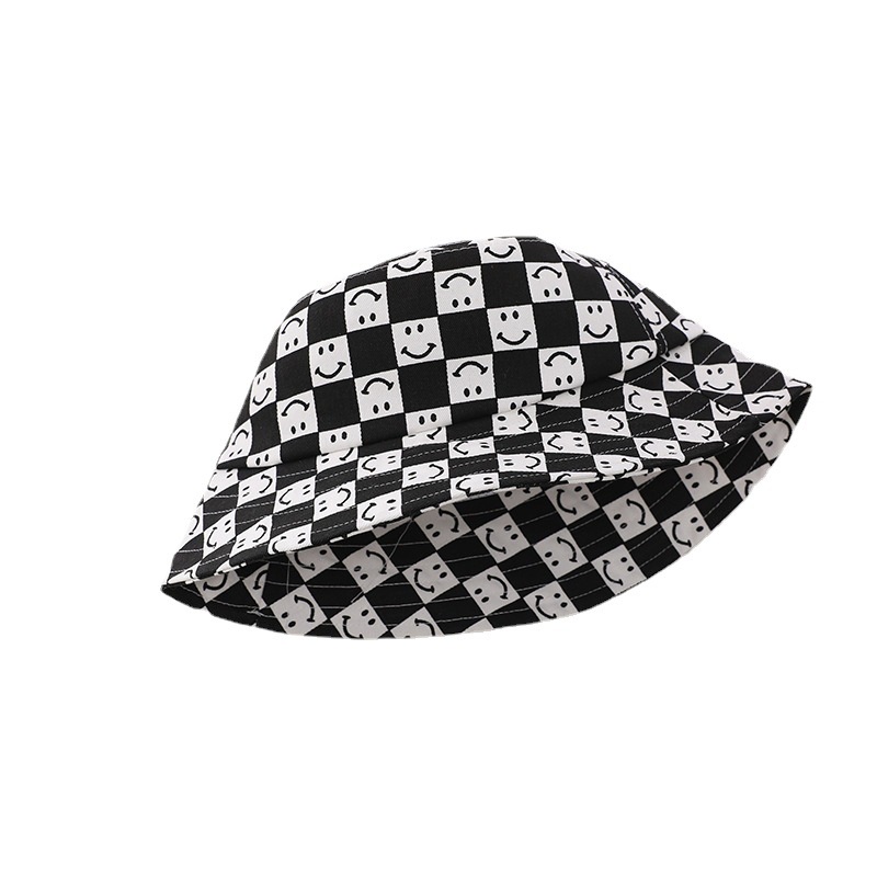 Chessboard lattice smiling face fisherman hat children's street shooting trend basin hat retro travel sunshade hat girl