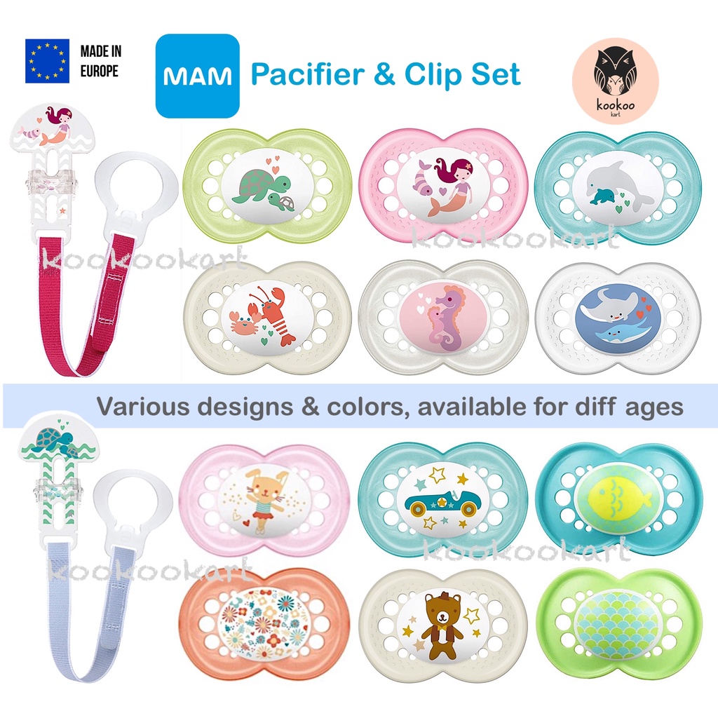Made in EUROPE MAM Pacifier and Pacifier Clip Set (2 Pacifiers & 1 Clip
