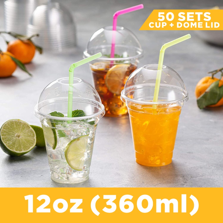 50PCS Very Thick Disposable PLASTIC CUPS w/ Lid Milktea Cup High Quality Cup Clear Disposable