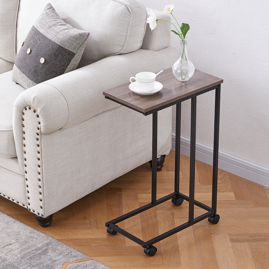 End Table, Mobile Side Table for Couch and Bed, Rustic C Shaped Couch