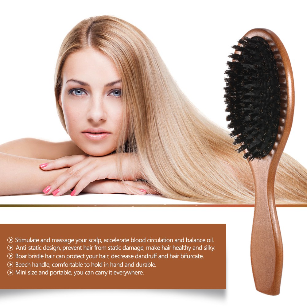Natural Boar Bristle Hair Brush Comb Oval Anti Static Paddle Hair