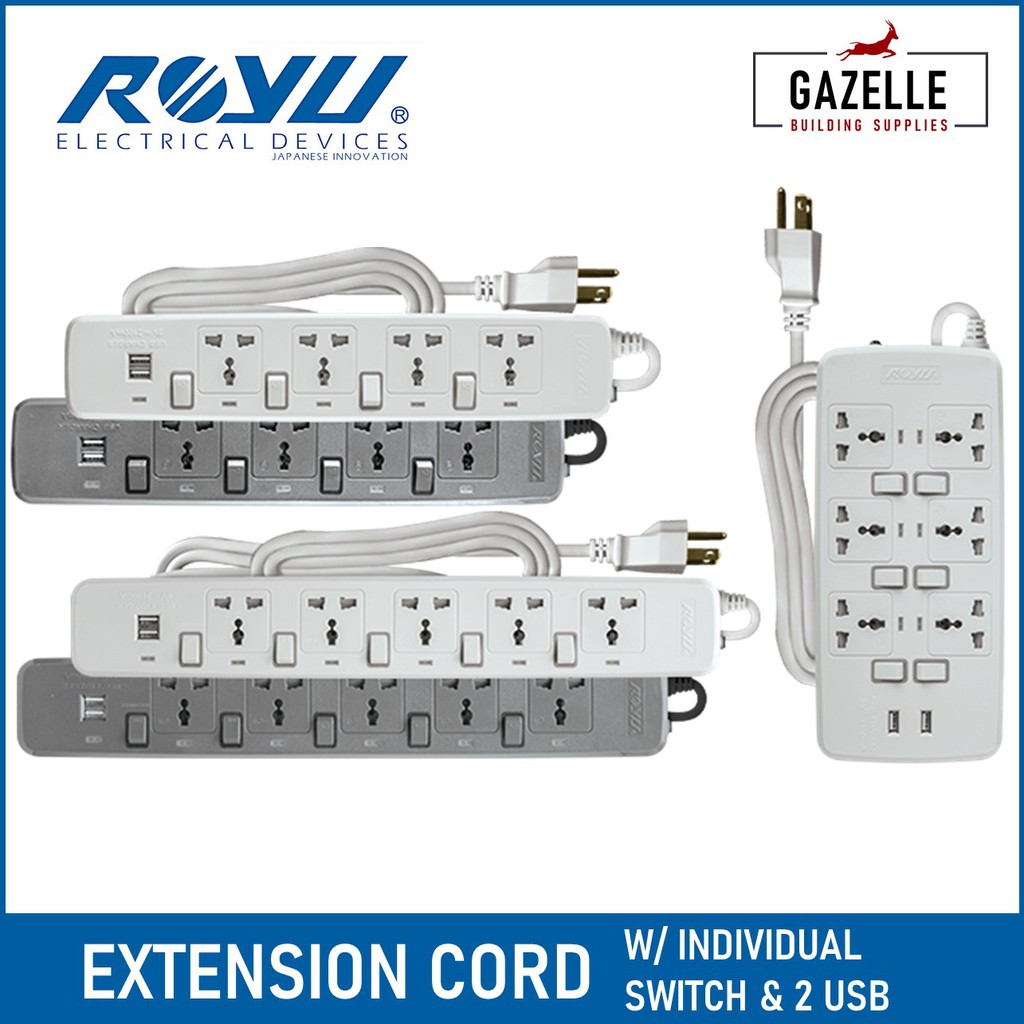 Royu Extension Cord w/ Individual Switches & 2 USB Ports 4 5 6 Gang