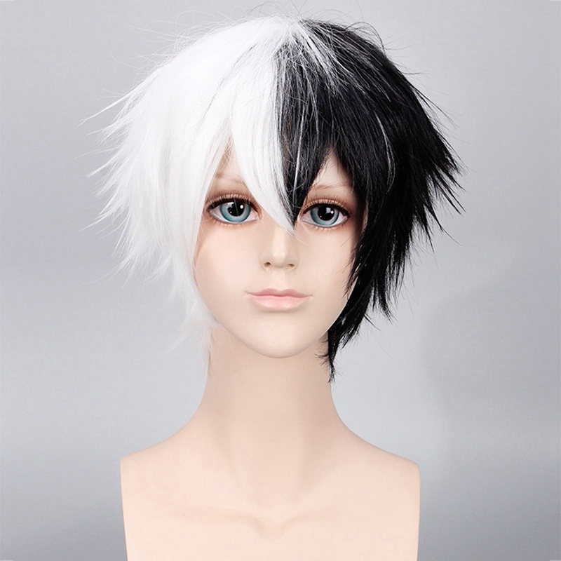 japanese anime cosplay wig synthetic blackwhite short hair