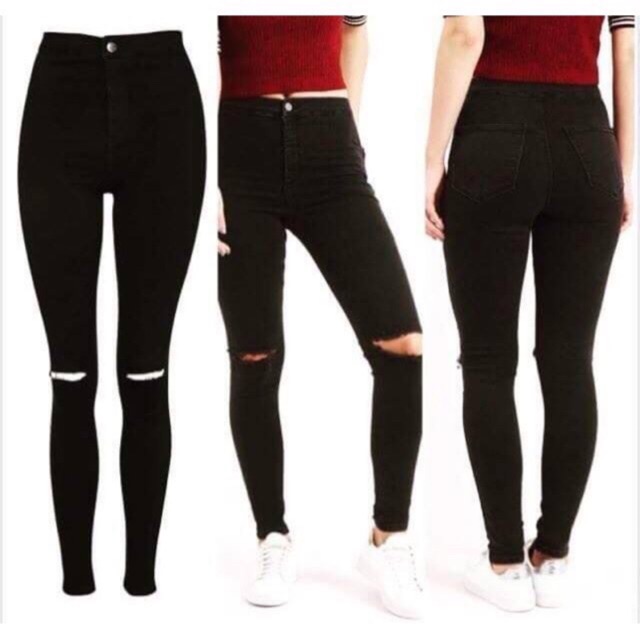 Joni Jeans Knee Cut High Waist skinny pants plain black # 3373 | Shopee ...