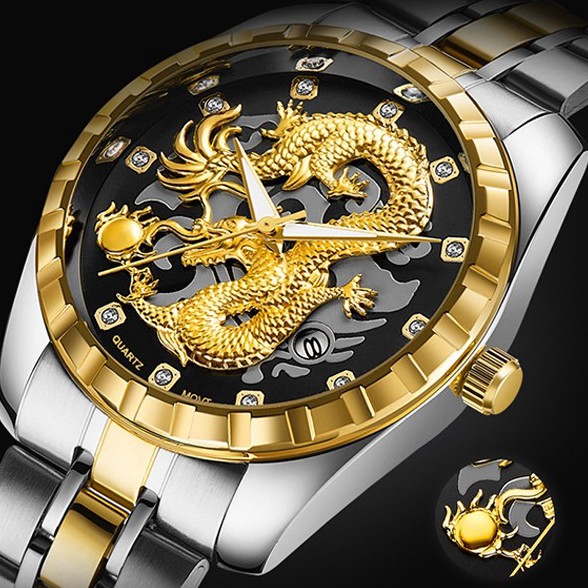 POSHI Men's Watch Authentic Gold Dragon Diamond No Fade Waterproof ...