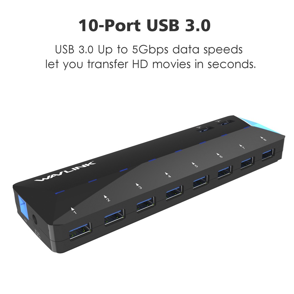 Wavlink 10 Ports High Speed USB 3.0 5Gbps HUB, Backward Compatible with