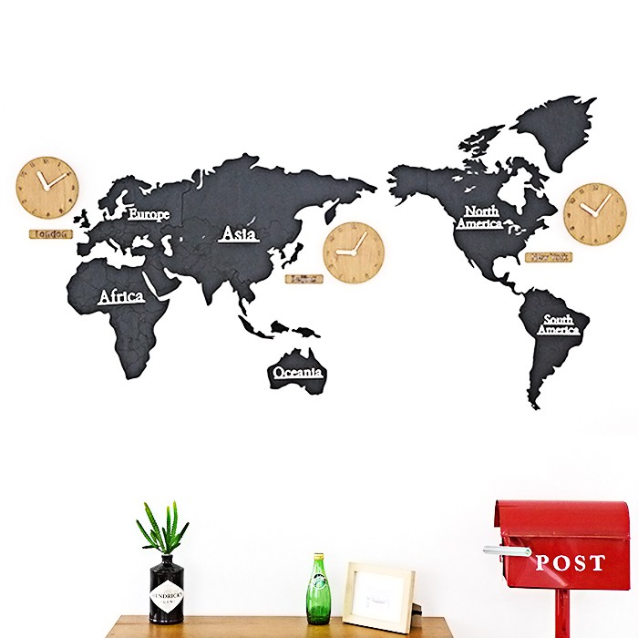 World Map Diy Wall Clock Decoration With 3 Time Zone Black Shopee Philippines