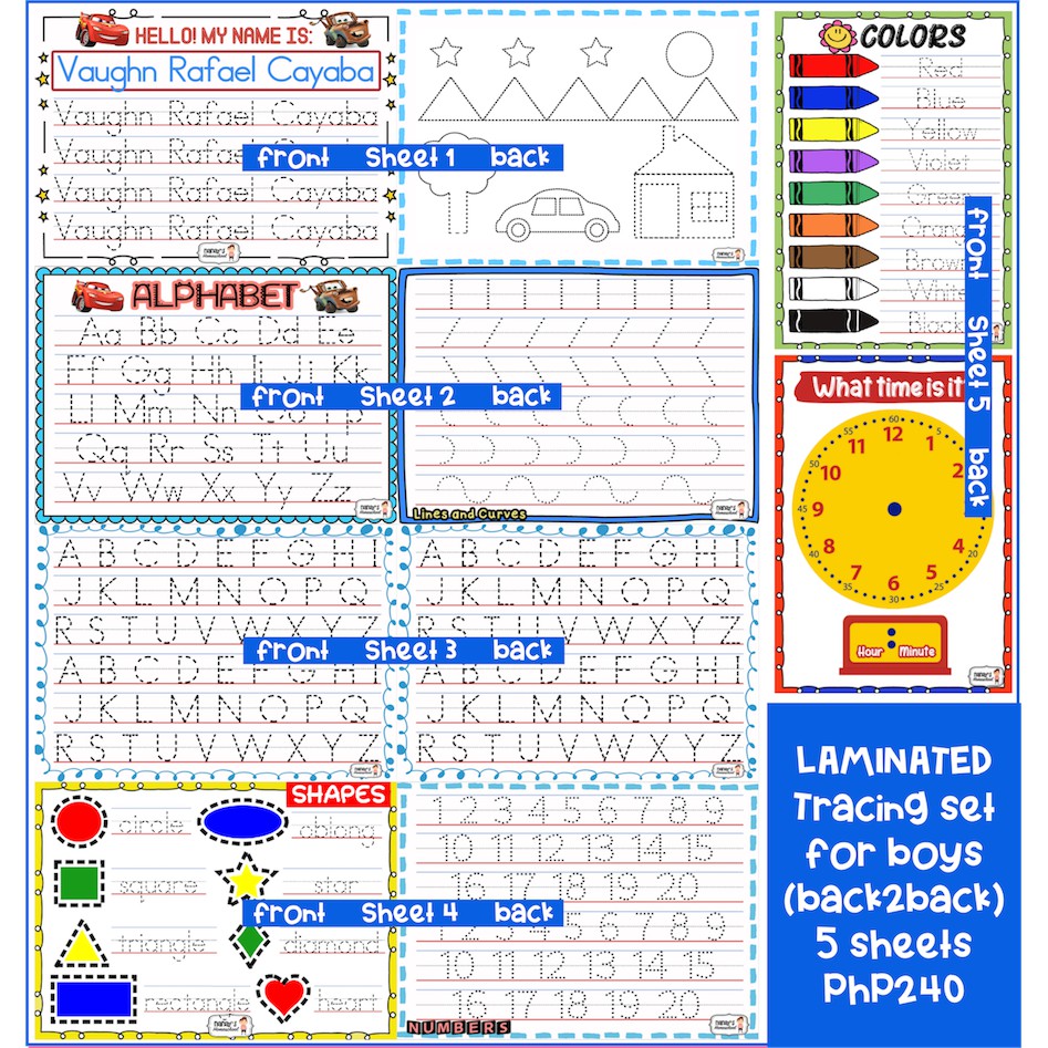 Laminated Tracing Sheet Sets For Boys Name Alphabet Lines Numbers Time Shapes Shopee Philippines