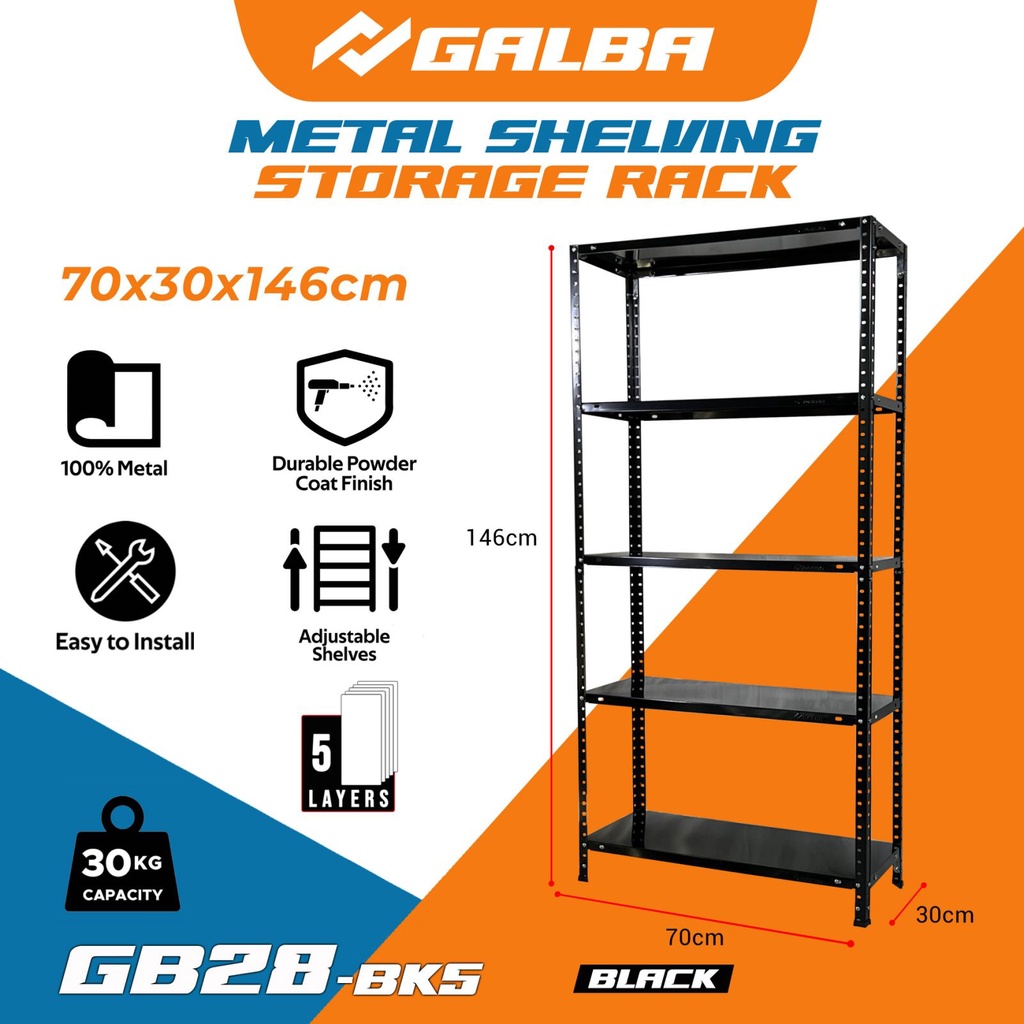 Galvanized Steel Storage Unit  3, 4 and 5 Layers Adjustable Metal Shelf Black GB28 (70x30x146)