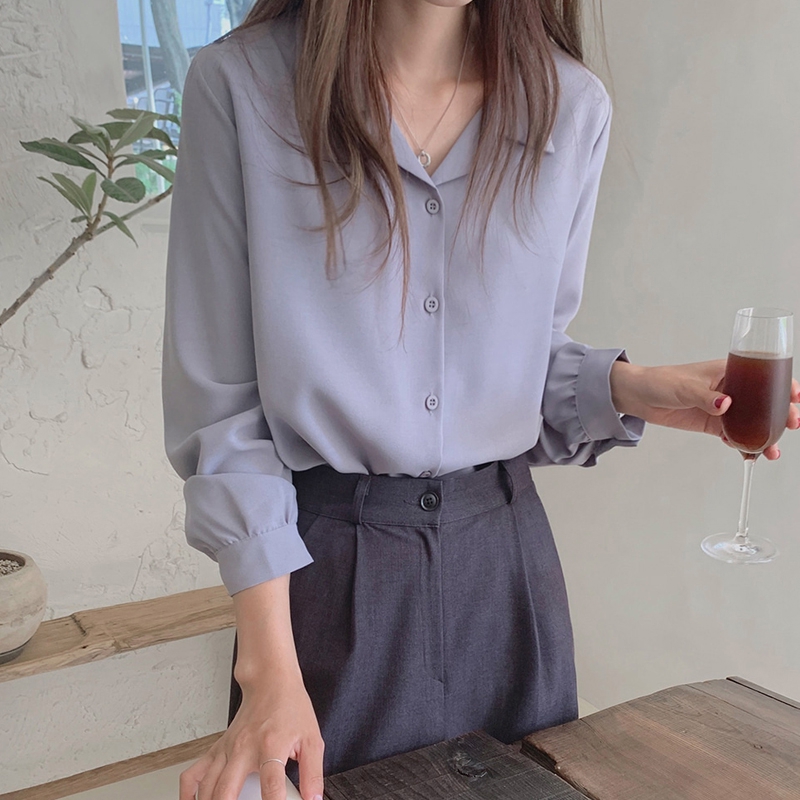 35923 Simple basic Long Sleeve Shirt women blouse | Shopee Philippines