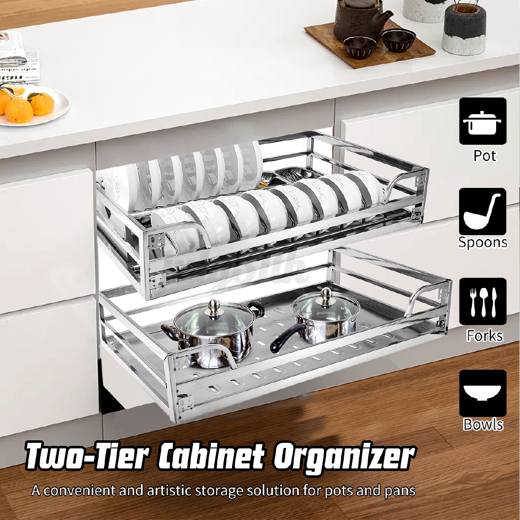 July 2pcs Kitchen Pull Out Wire Sliding Basket Rack Cabinet Storage Organizer Drawer Shopee Philippines