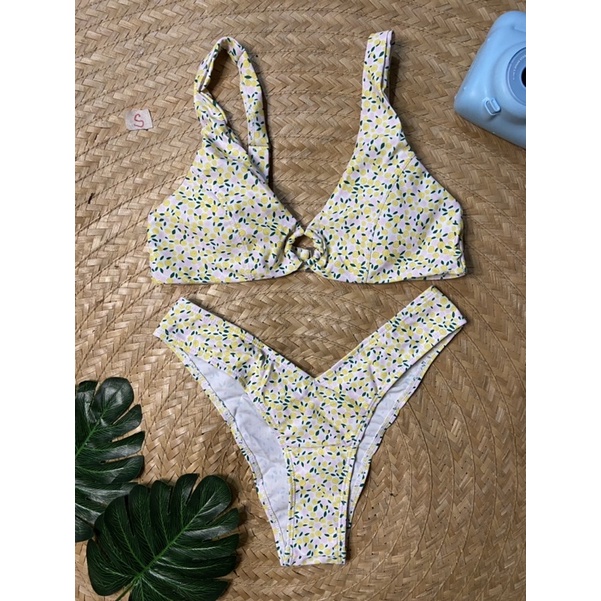 SHEIN large sexy florals yellow triangle with top two piece swimsuit ...