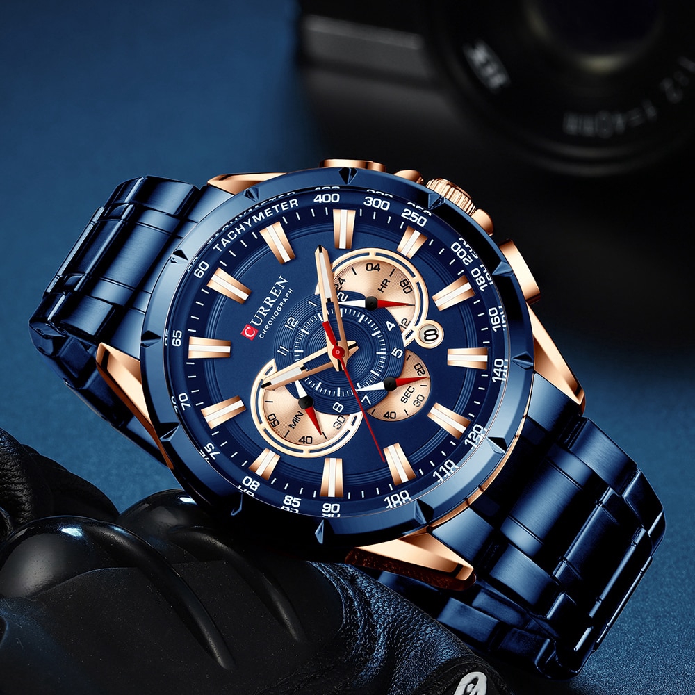 Curren Luxury Brand Men's Watch Blue Quartz Wristwatch Sports Chronograph Clock Male Stainless Steel Band Fashion Business 8363