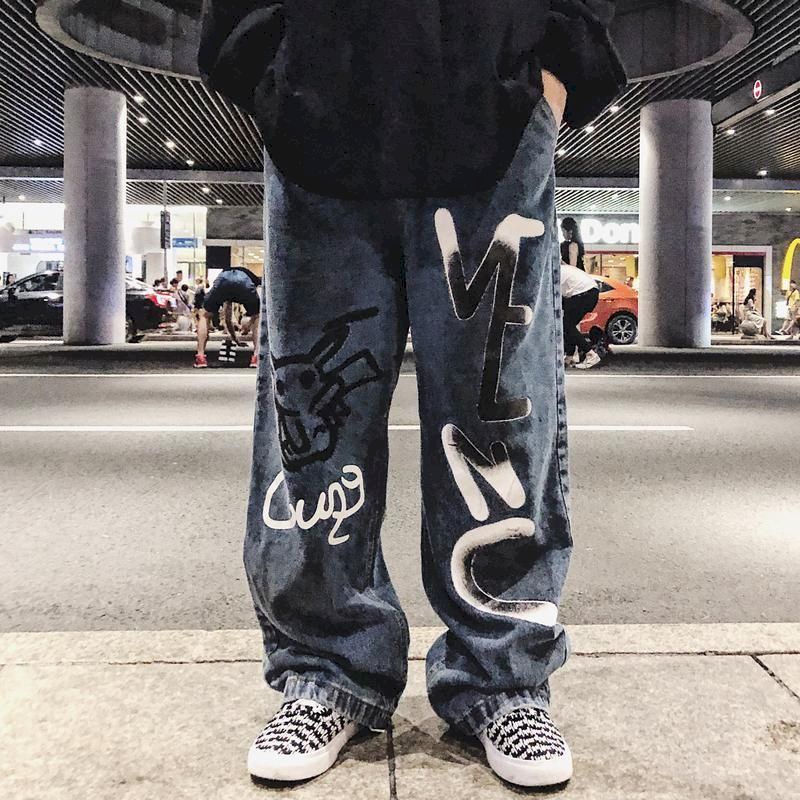 Emo Men Streetwear Harajuku Vintage Alt Jeans Graffiti Wide Leg Baggy ...