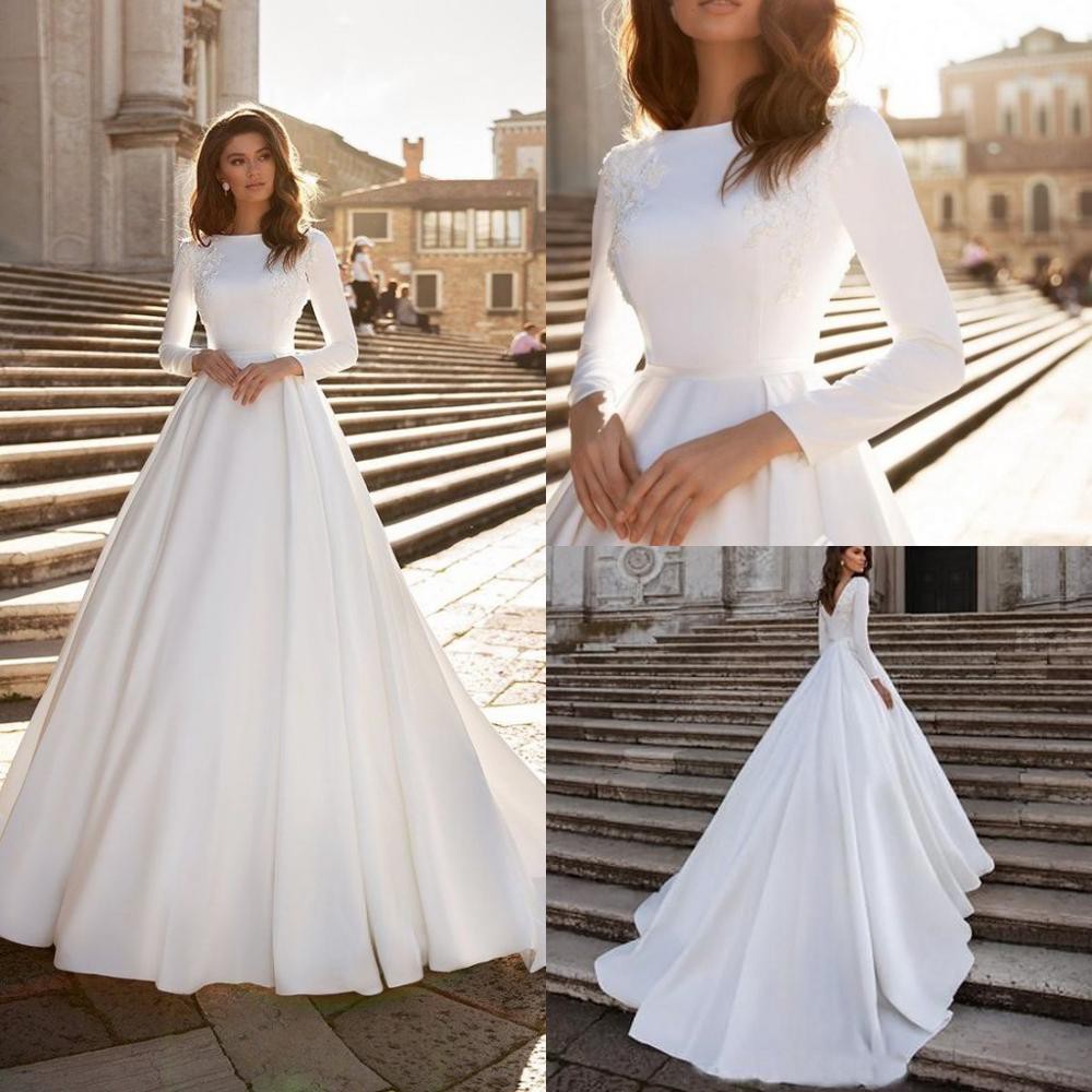 2022 NEW Vintage Beaded Satin Wedding Dresses Long Sleeves Open Back ...