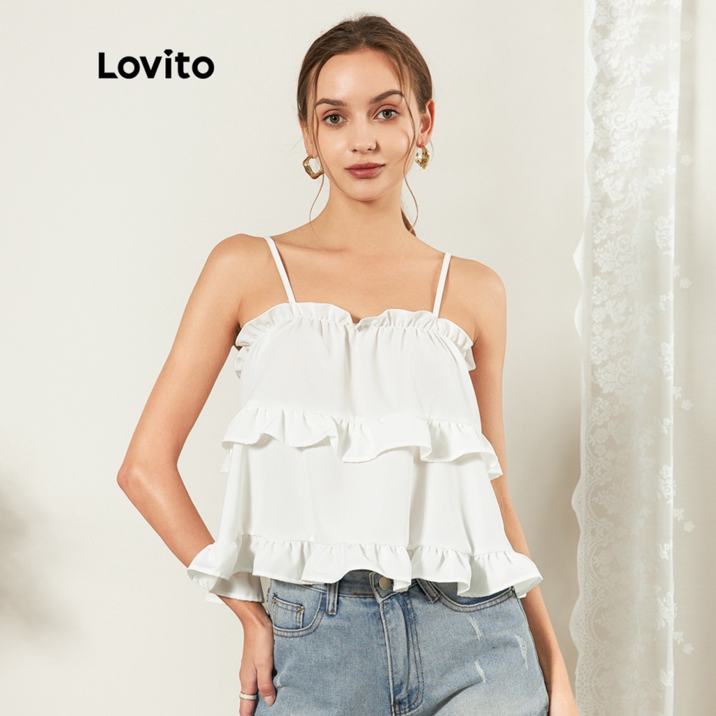 Lovito Cute Plain Flared Ruffle Hem Tank Tops L25ED101 (White) Shopee