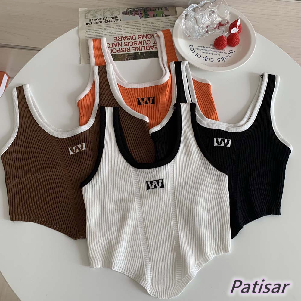 Sports U Shaped Collar Sexy Letter Embroidery Knitted Small Camisole Short Womens Clothing 6404