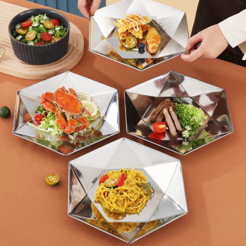 WES Hexagonal Plates Dishes Trays Serving Tray Simple Stainless Steel Smooth Durable Cake Basket Home Decor Shallow Tableware Garden Restaurant Cafe Diamond Golden Fruit Bowl