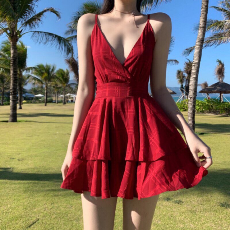 spaghetti red dress