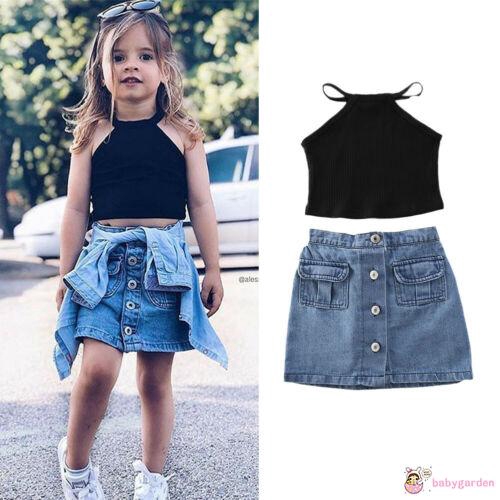 black top and denim skirt