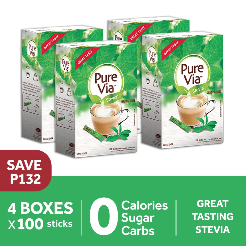PURE VIA STEVIA 4 boxes x 100 sticks, Zero Calorie Sweetener,Stevia