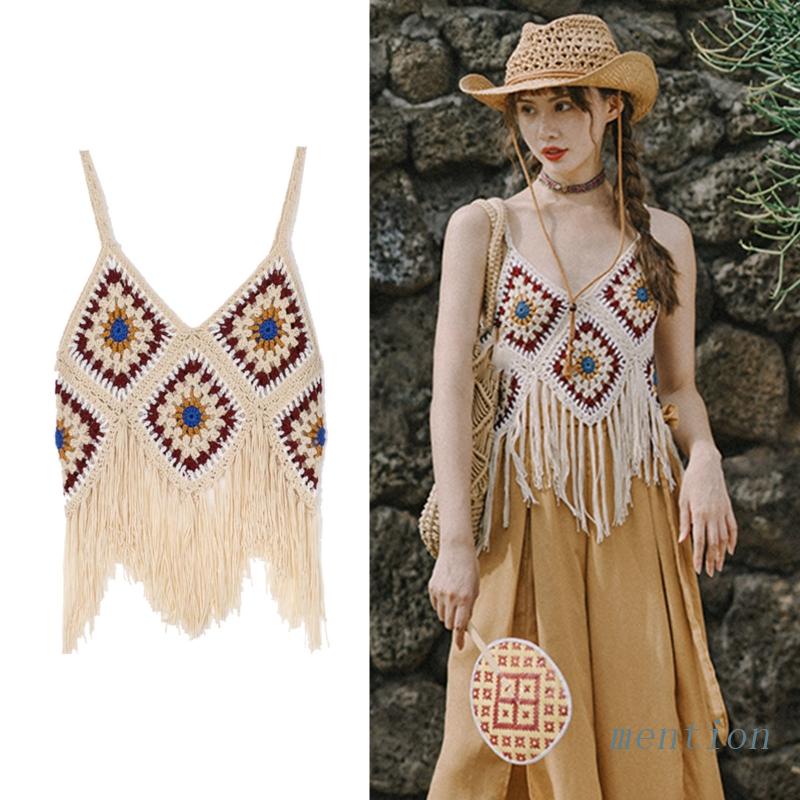 Mention Women Boho Crochet Sleeveless Crop Top Tassel Hem V Neck Diamond Plaid Camisole Shopee