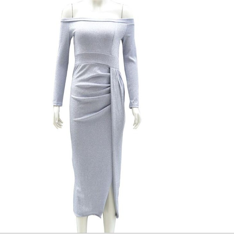 fashion off shoulder plain bow slit bodycon dress
