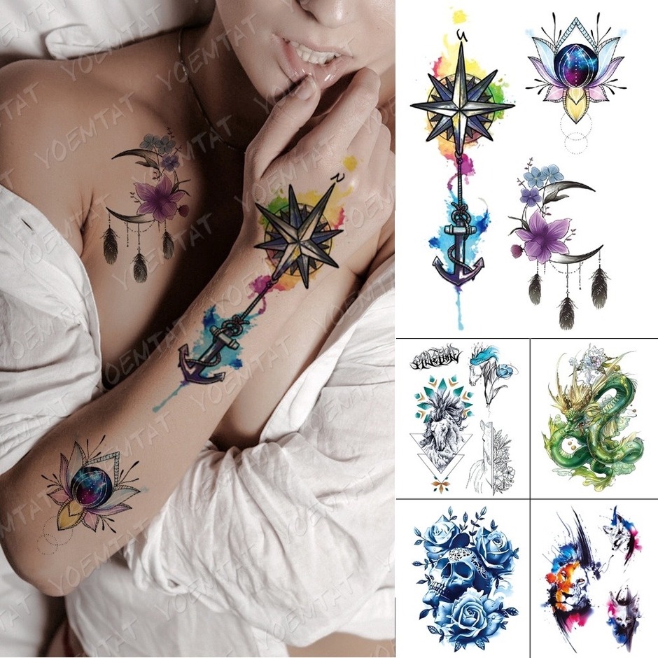 Waterproof Temporary Tattoo Sticker Watercolor Compass Flash Tattoos ...