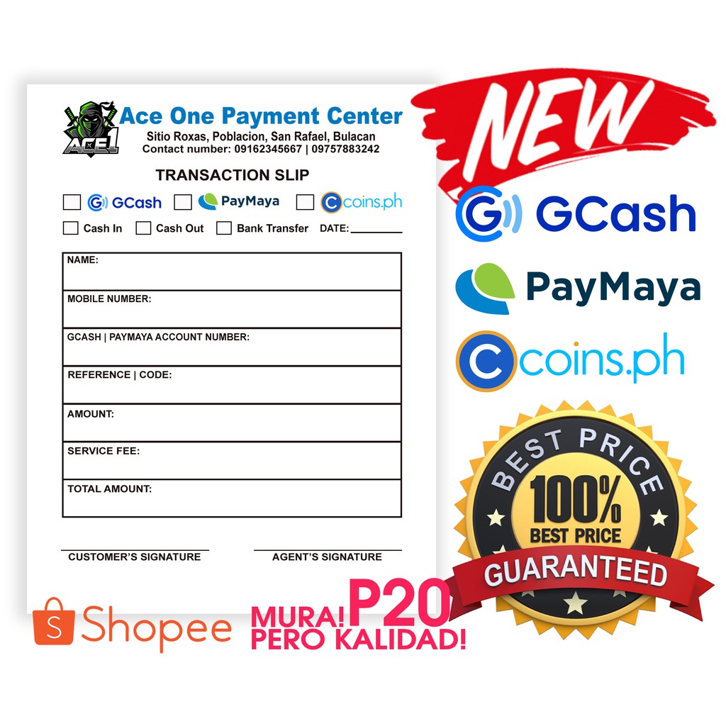 G-C@SH and P@YMAYA Cash-in Cash-out Transaction Slip presyo ₱20