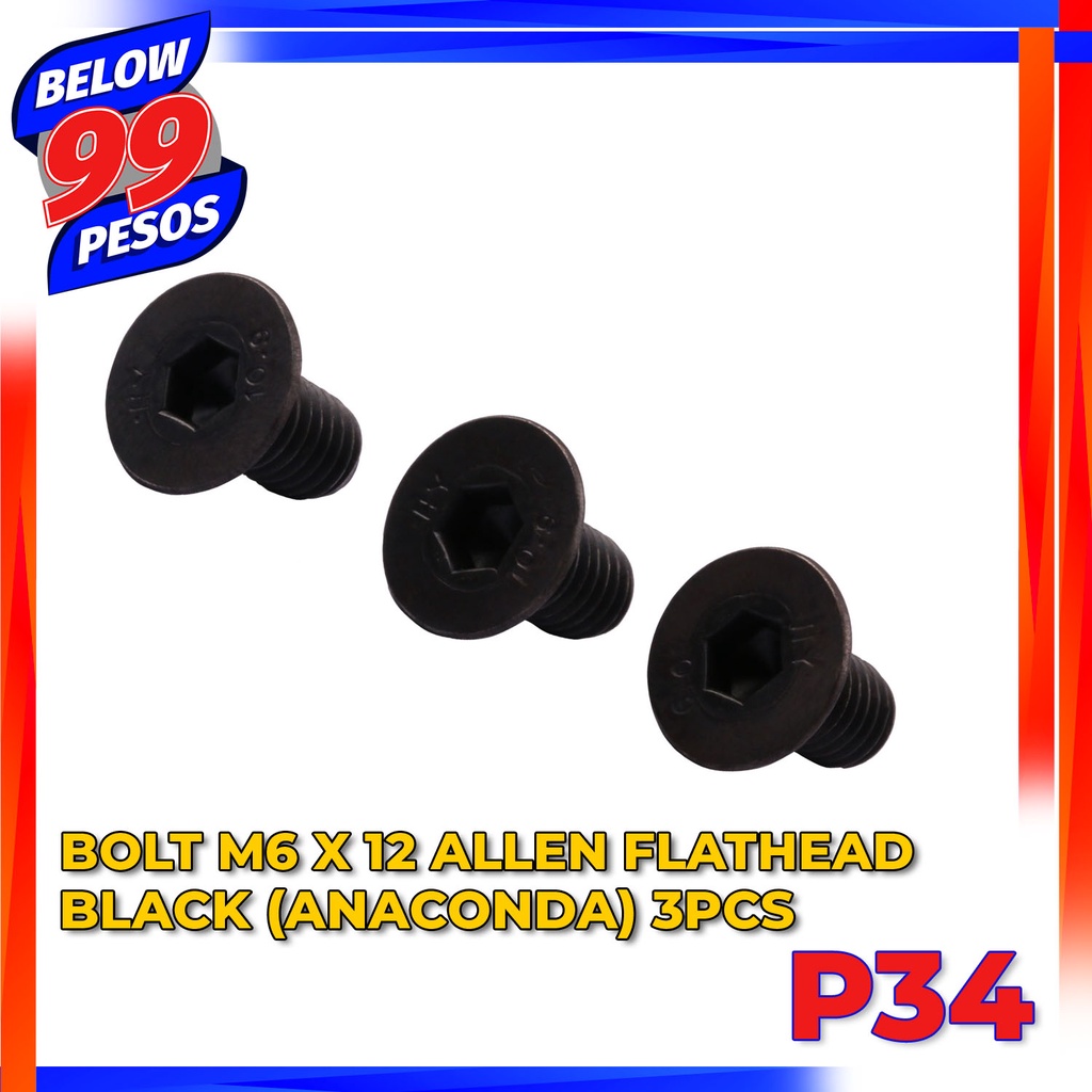 Below99pesos 3pcs Bolt M6 x 12 Allen Flathead Black (Anaconda) Shopee