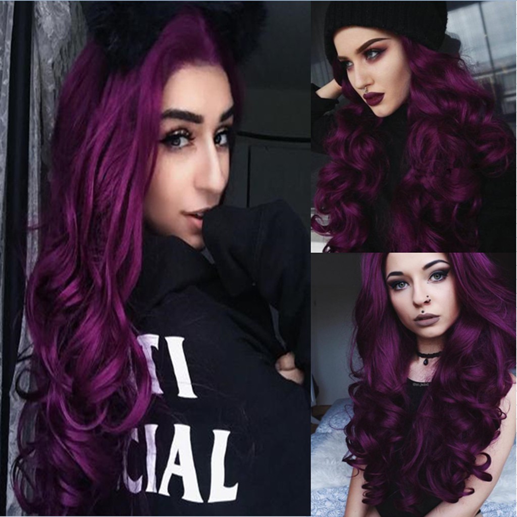 Kakaki Fashion Women Long Purple Hair Full Wig Natural Curly Wavy