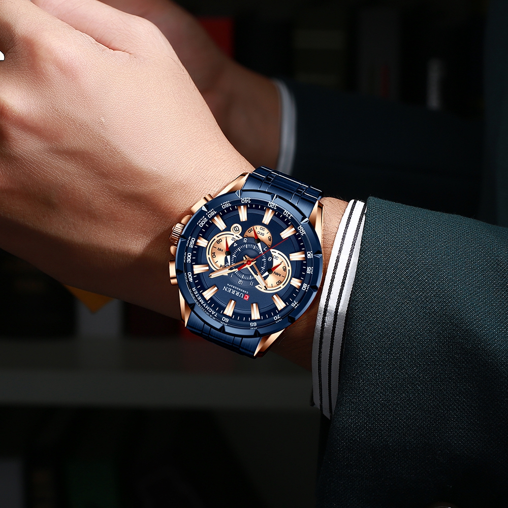 Curren Luxury Brand Men's Watch Blue Quartz Wristwatch Sports Chronograph Clock Male Stainless Steel Band Fashion Business 8363