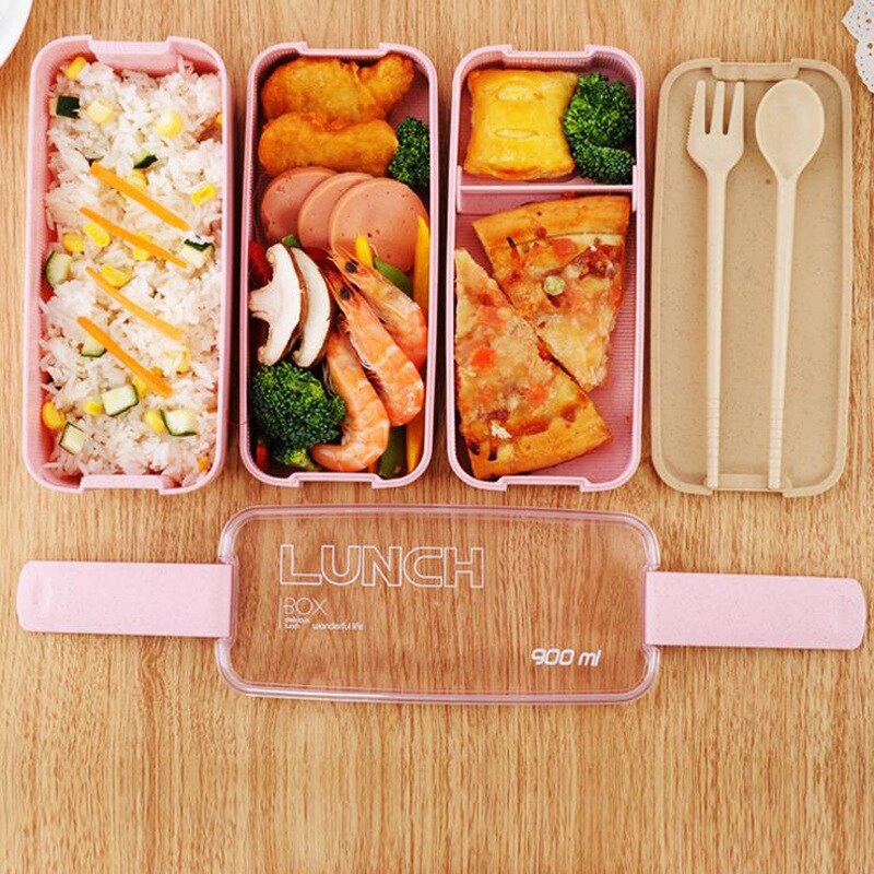 3 Layers 900ml Lunch Box Bento Food Container Eco-Friendly Wheat Straw Material Microwavable Dinnerware Lunchbox Kitchen Tools