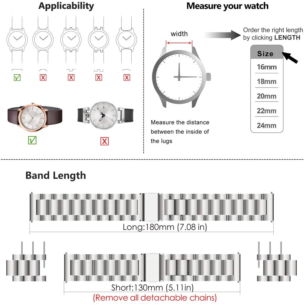 Stainless steel strap Smart Watch Strap 16mm 18mm 19mm 20mm 22mm 24mm, Metal Straps for Mens & Women