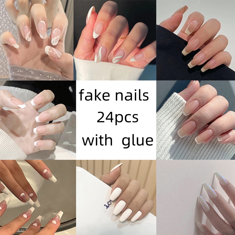 24Pcs/Fake nails with Glue Fake Nails Design French Short White False