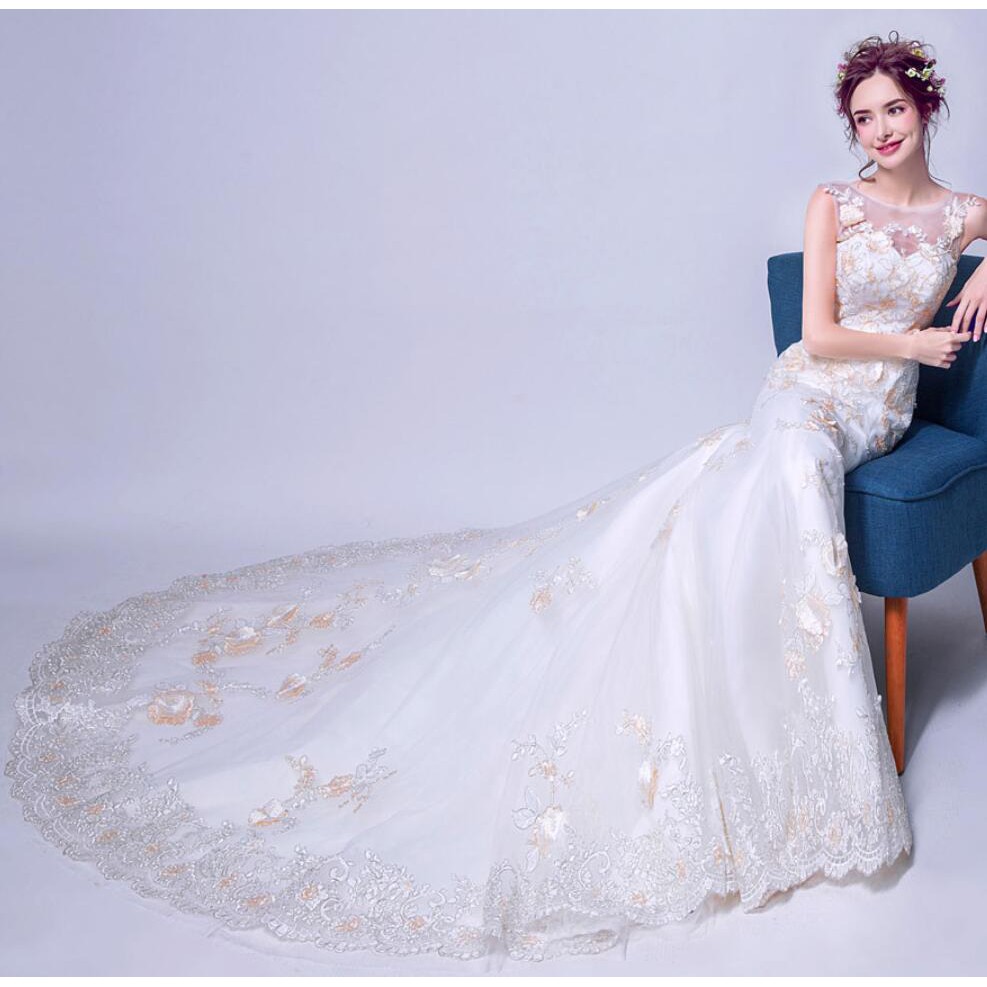 Handmade Lace Flower Mermaid Long Tail Wedding Gown Dress Shopee
