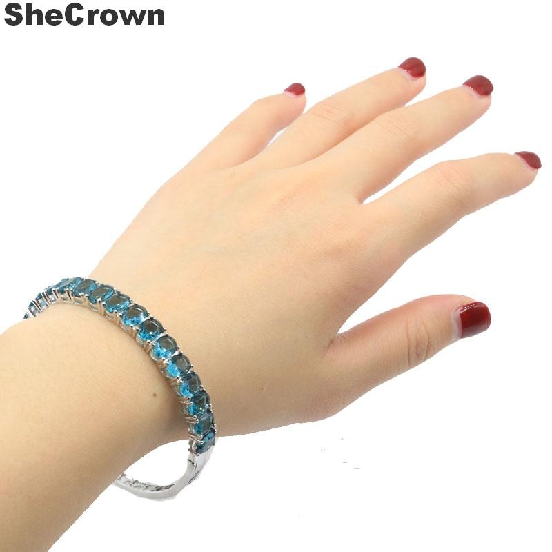 8x6mm SheCrown London Blue Topaz Woman's Wedding Silver Bangle Bracelet 7.5" 