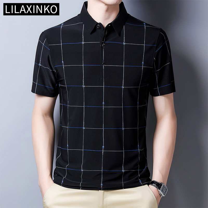 6 Colour LILAXINKO Checkered Printed Check Polo Shirt Casual Lapel ...