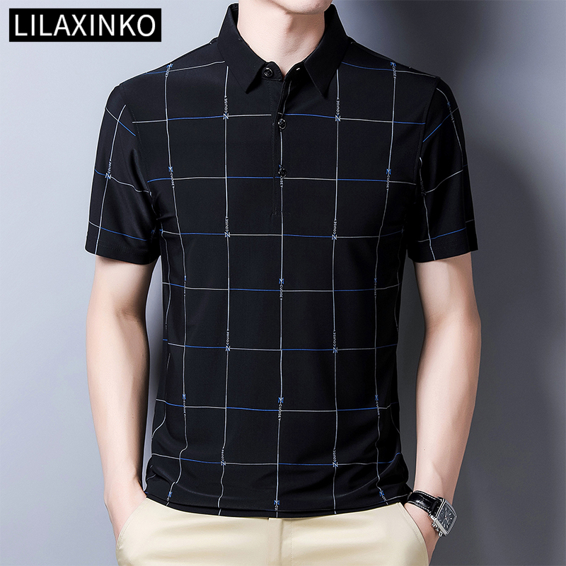 6 Colour LILAXINKO Checkered Printed Check Polo Shirt Casual Lapel