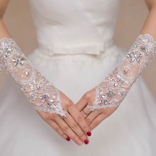Bride Wedding Dress Fingerless Gloves Beads Rhinestone Short Gloves Lace