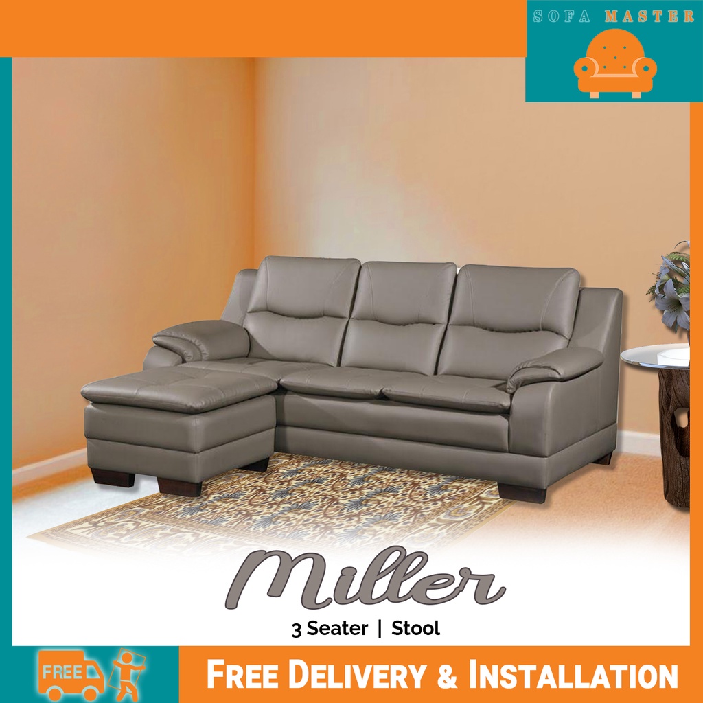 Sofa Master Miller 3 Seater Faux Leather Sofa With Stool Set In Grey