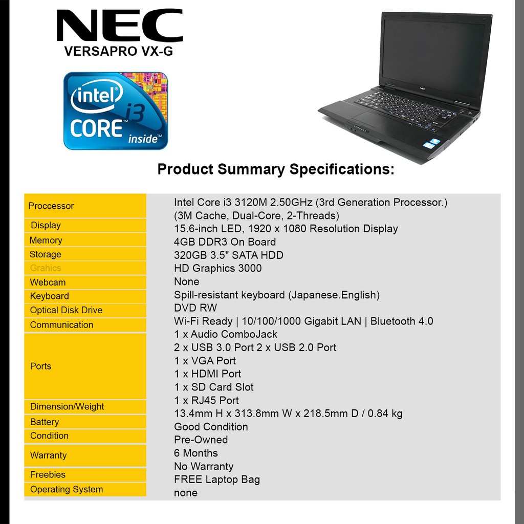 Laptop Nec Vx G Core I3 2 50ghz 4gb 3gb Dvd Shopee Philippines